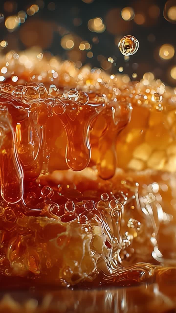 Nido d'ape luccicante che gocciola nettare dorato: una vista ravvicinata che cattura l'oro liquido e le bolle scintillanti che riflettono la luce in una splendida disposizione.