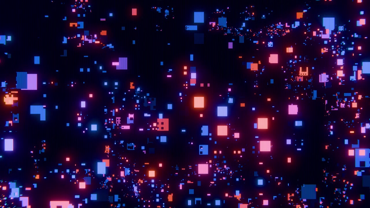 Abstract Glowing Digital Pixels in Blue and Red Light