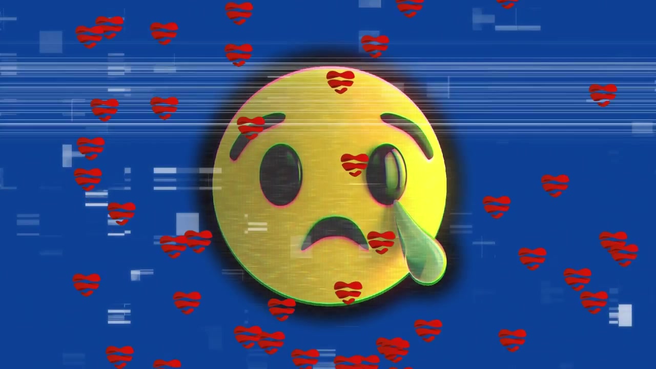 Crying Emoji with Glitch Effect and Floating Hearts