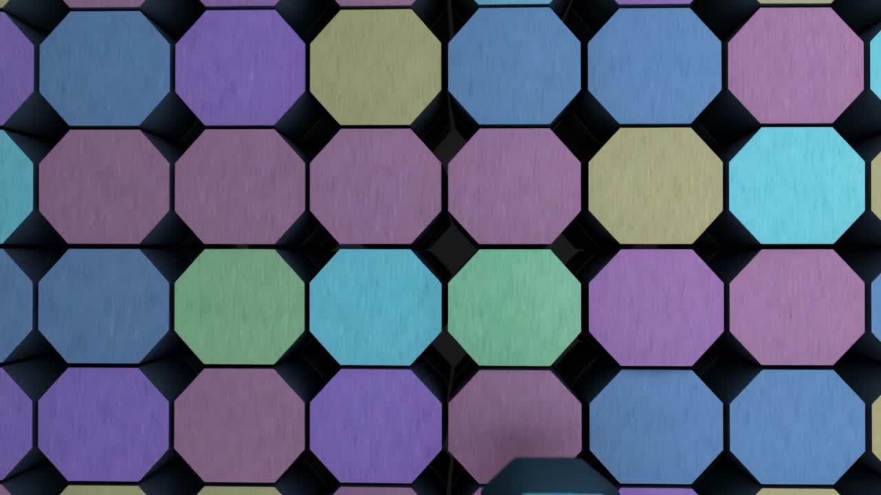 Starting octagonal grid with diamonds morphing into extruded cubes in abstract space showing flecks