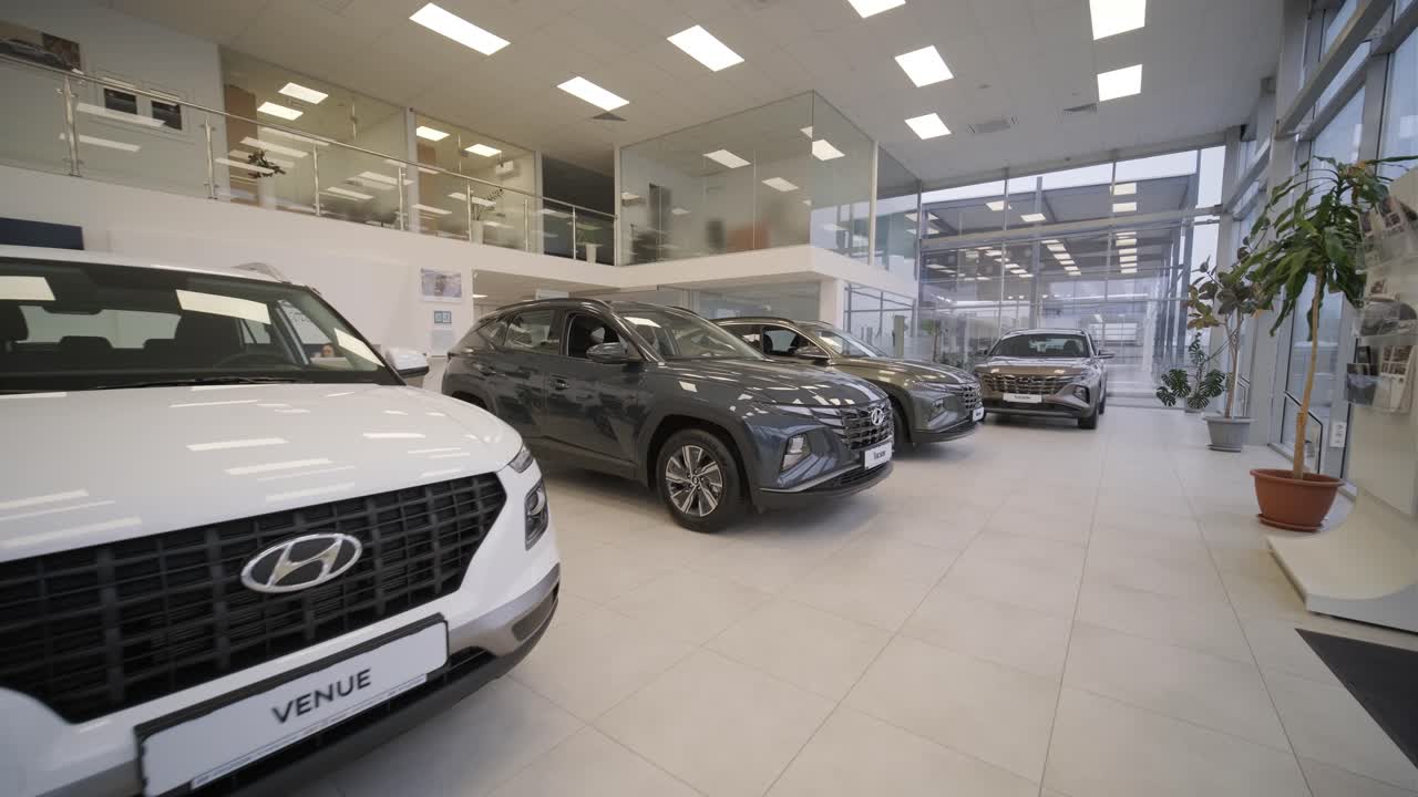 판매 중인 익명의 새로운 차량의 줄을 가진 자동차 대리점. 반이는 자동차와 함께 쇼.