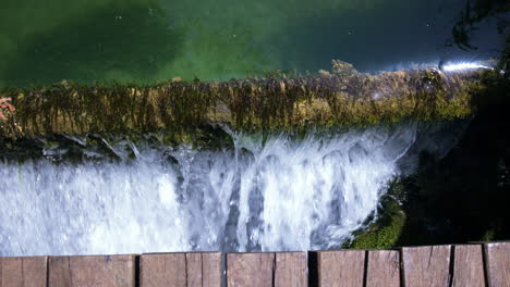 pan of water flowing over edge with plants on it under wooden bridge