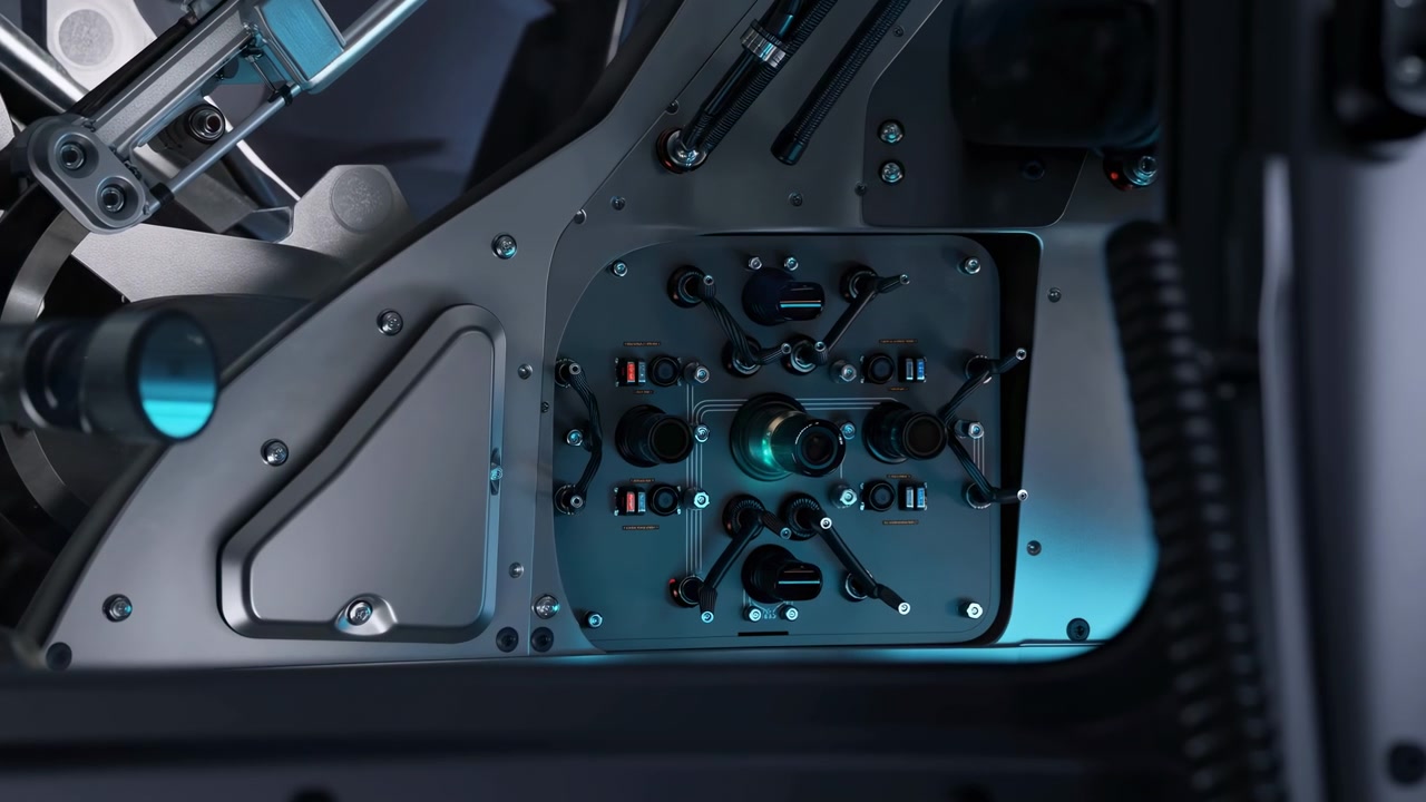 Close-up of a metallic industrial mechanism with screws, brackets, wiring, and a control panel, shown from the side under cool blue lighting in a technical