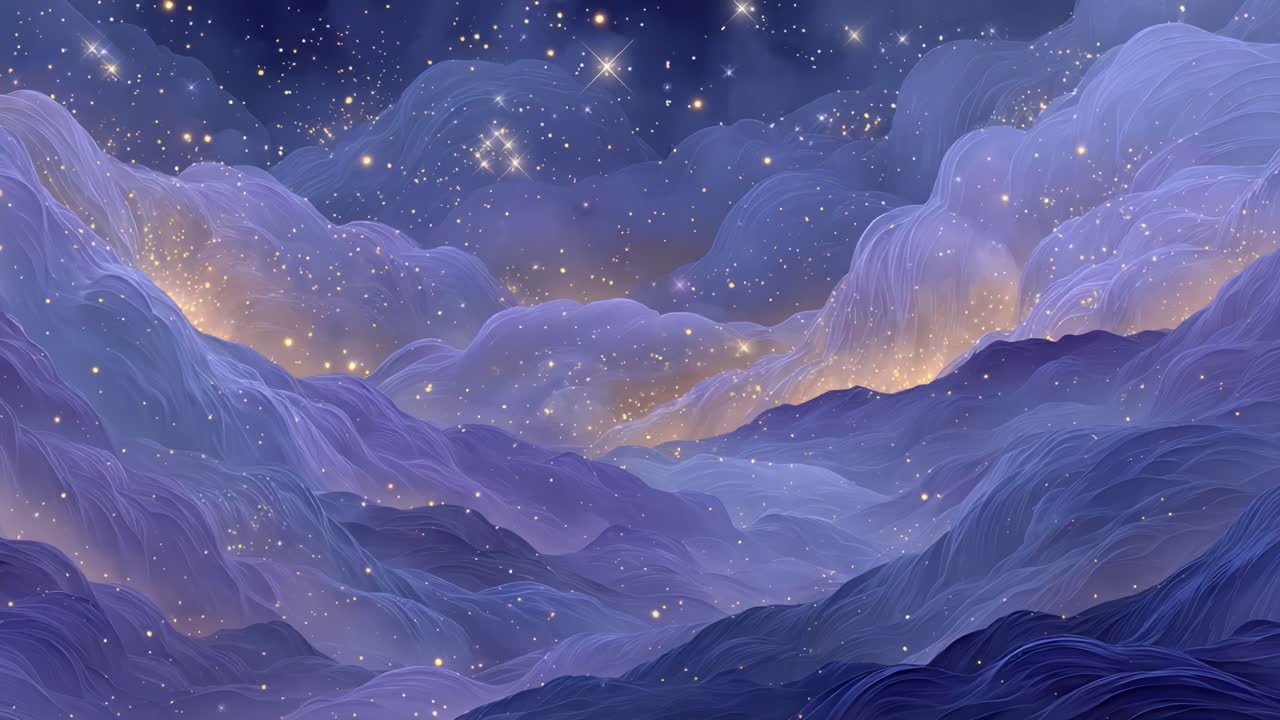 A Dreamy Landscape of Ethereal Clouds and Starry Skies: Capturing the Beauty of Cosmic Waves and Mystic Mountains in a Striking Visual Journey