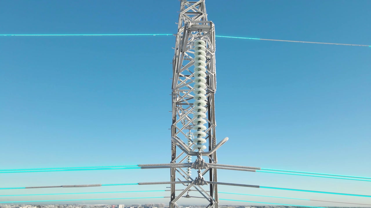 High voltage electrical tower with power lines covered in ice and frost on a cold winter day, featuring an animated visualization of electricity flowing through the insulated cables
