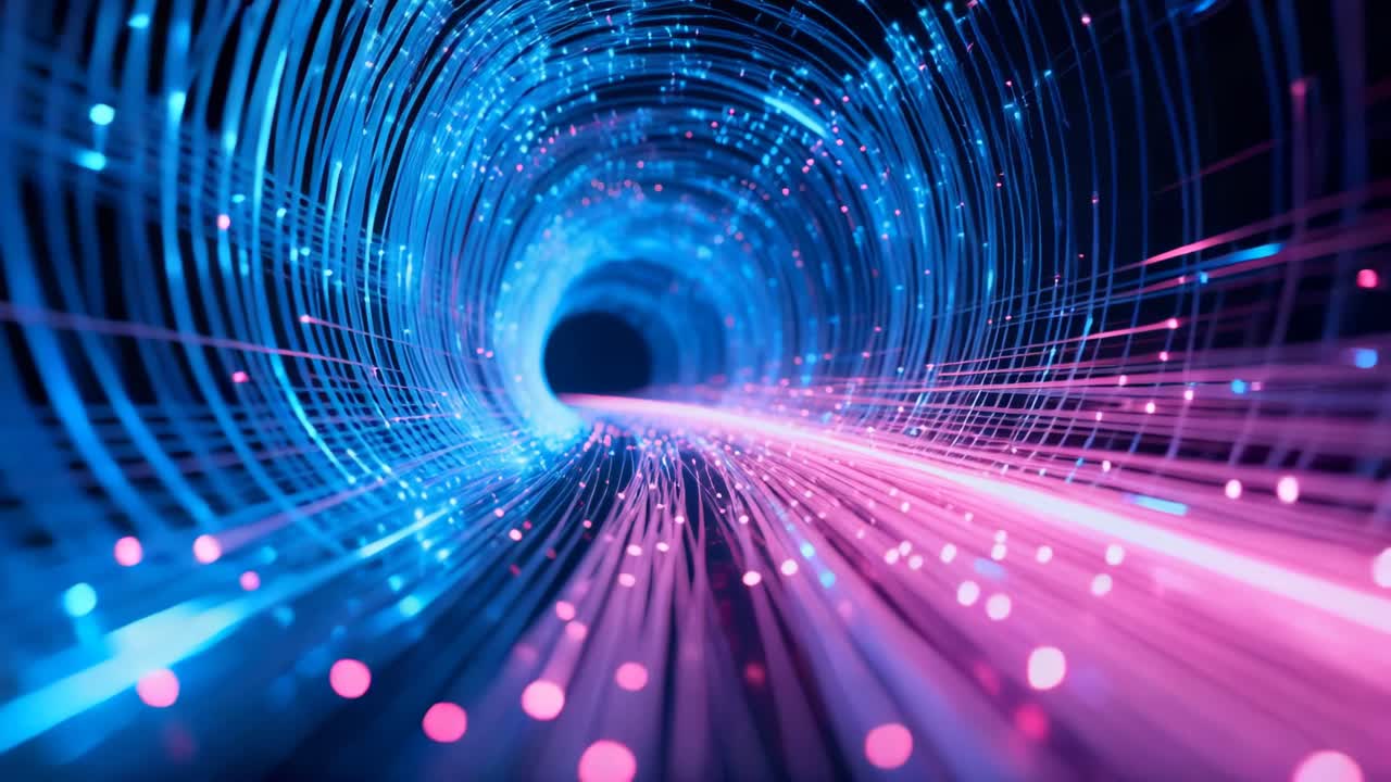 Playback starting, camera gliding through light tunnel for motion effect, with streaking particles