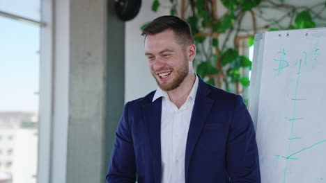 smiling man in a suit standing at the flipchart and explaining something. business presentation of reports in diagrams and charts. working in an office environment.