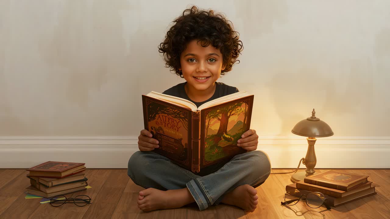 Enfant souriant portant un haut foncé et un jean, baissant le regard et lisant un grand livre d’histoires à la maison, lampe allumée