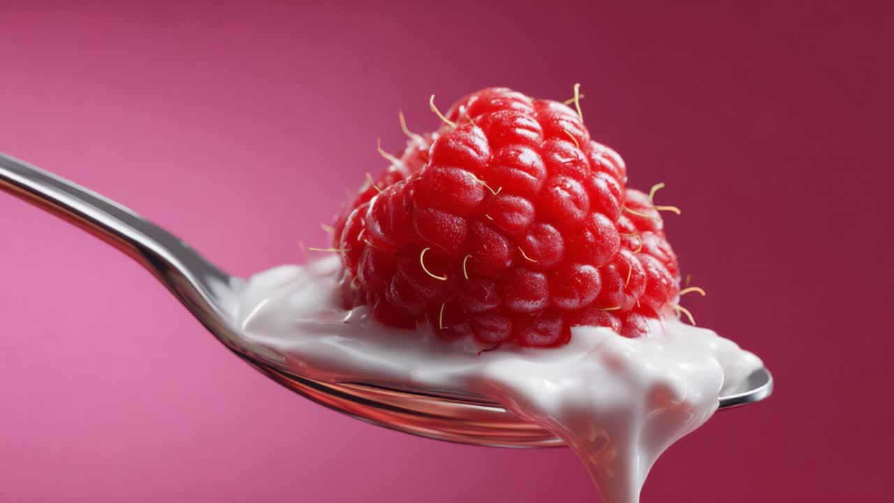A Close-Up View of a Fresh Raspberry Resting on a Spoonful of Creamy Yogurt Against a Vibrant Pink Backdrop in an Artistic Food Photography Shot