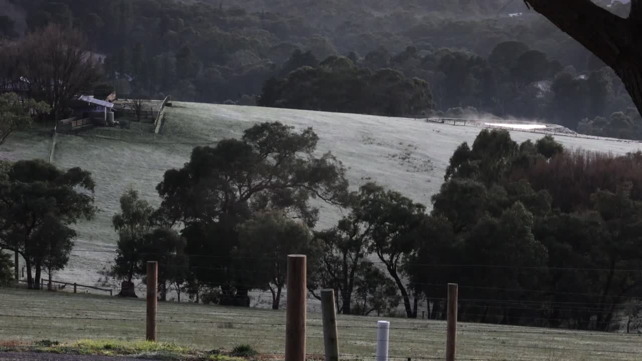 A cold winter morning on rural country paddocks in southern Australia with frost all over the grass