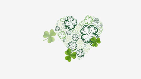 animation of multiple clover leaves falling and forming pulsating heart on white background