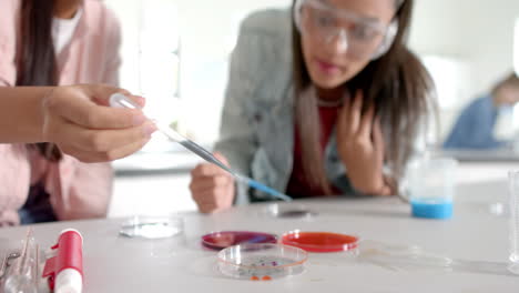 In high school, teenagers conducting science experiment with petri dishes and pipette