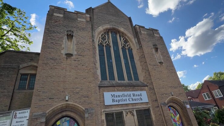 View of Mansfield Road Baptist Church in Nottingham, Nottinghamshire, England, featuring historic church architecture and a notable religious landmark.