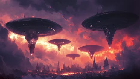 alien invasion over a city at night