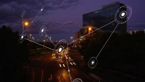 animación de la red de conexiones con íconos sobre el paisaje urbano