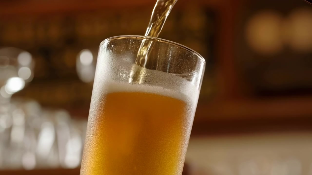 Primo piano di birra dorata cinematografica versata in un bicchiere, con schiuma densa, in un pub, pinta inclinata