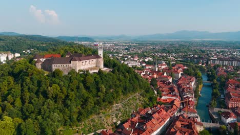 aerial view of ljubljana castle overlooking the city in a panorama.