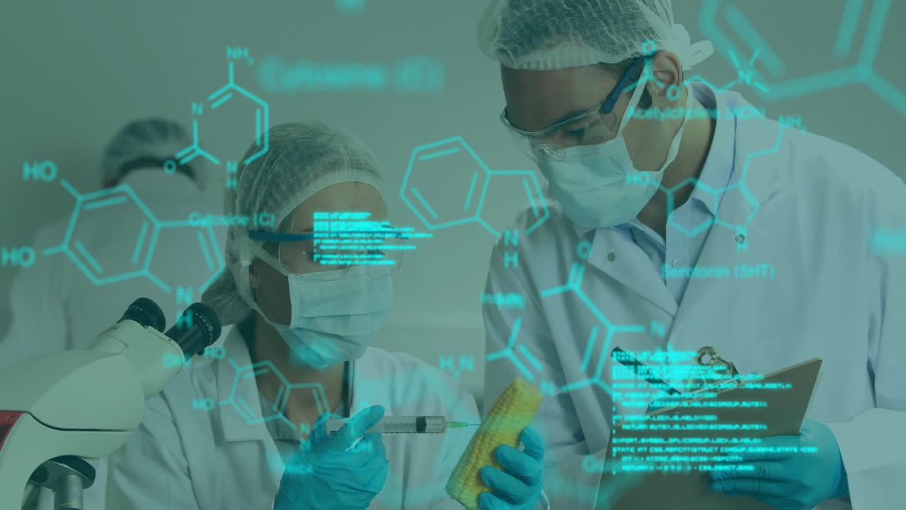 animación de procesamiento de datos y fórmula química sobre diversos científicos que trabajan en el laboratorio