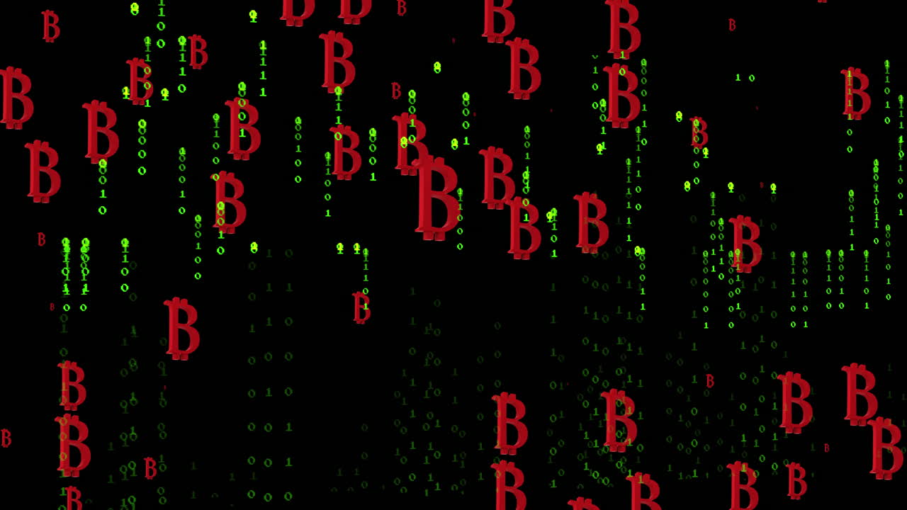 Animation of bitcoin symbols over black background with green letters
