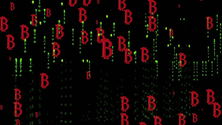 Animatie van bitcoin-symbolen over een zwarte achtergrond met groene letters