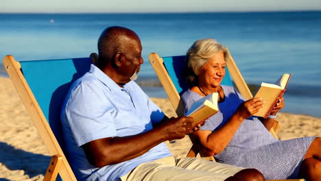 elderly couple relaxing and reading books on a sunny beach