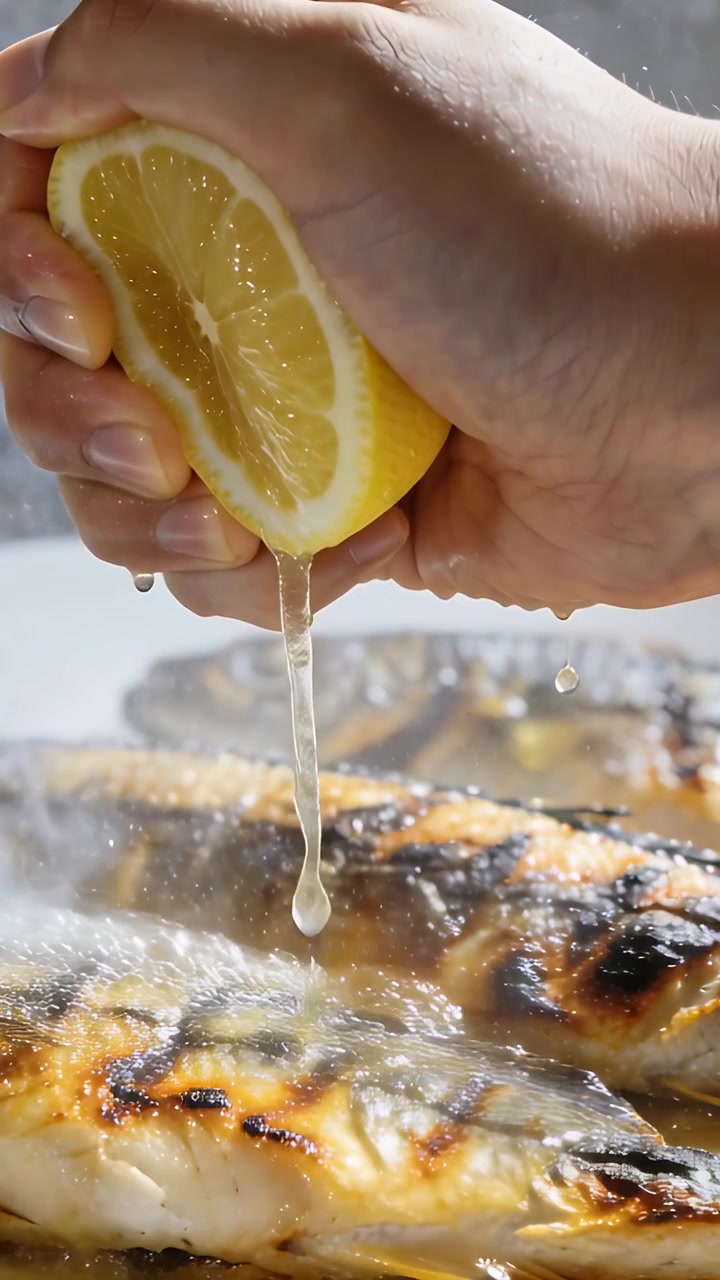 Video verticale: Portando mezzo limone, una mano lo sprema su pesce alla griglia in cucina, aggiungendo agrumi.