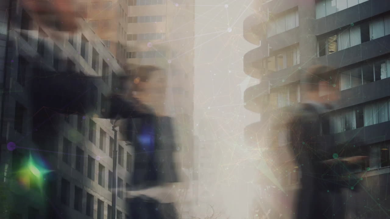 도시 풍경과 걸어가는 사람들의  반점의 애니메이션