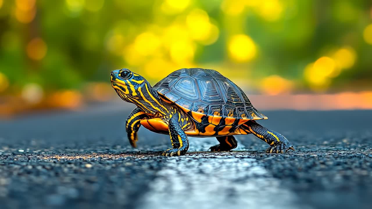 Schildkröte überquert Straße im Sonnenlicht. Eine Schildkröte geht bei warmem Wetter auf der Straße nahe Bäumen mit verschwommenem Hintergrund. Das Sonnenlicht erzeugt leuchtende Farben.