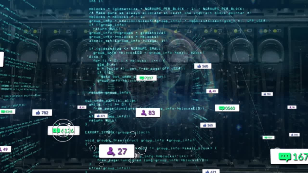 Animation of media icons and data processing over globe and server room