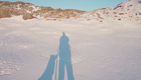 Silueta-De-Un-Hombre-Con-Su-Perro-Mascota-Durante-El-Soleado-Día-De-Invierno-Cerca-De-Trondheim,-Noruega