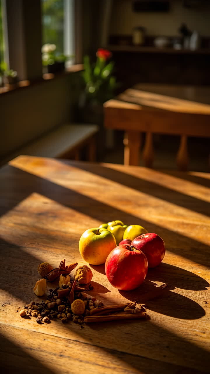 Autumn Apples and Spices Bathed in Sunlight on a Wooden Table