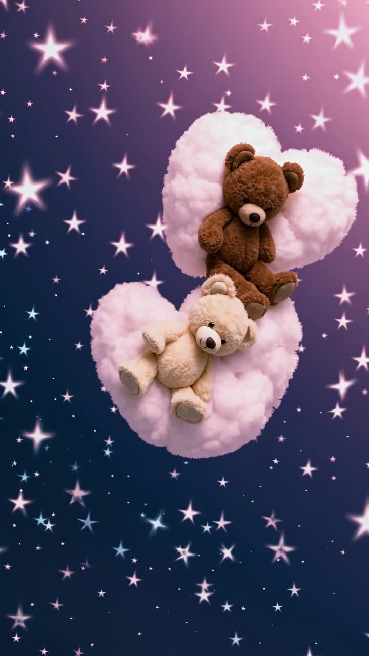 Two teddy bears on fluffy clouds with a starry night backdrop