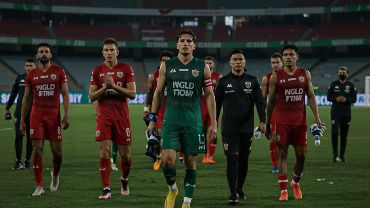A Moment of Reflection: Players Departing the Field After an Intense Match, Showcasing Emotion and Team Spirit in a Team-Worn Environment
