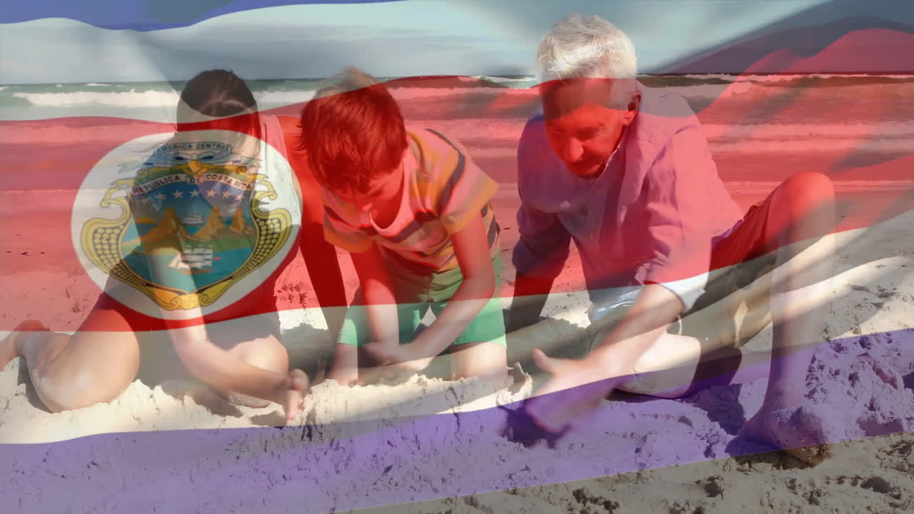Building sandcastle on beach, family with animation of Costa Rican flag