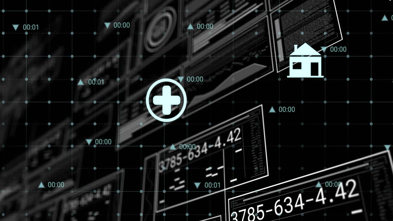 Medical data and home icons animation over digital interface with numbers and grids