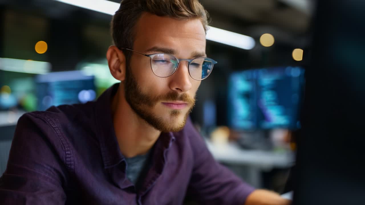 Focused Professional Analyzing Data on Computer Screen in Modern Office Environment with Multiple Digital Displays and Strategic Lighting
