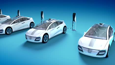 electric autonomous cars charging in charging stations. 3d animation.