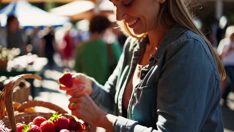 woman buying strawberries at a farmer's market
