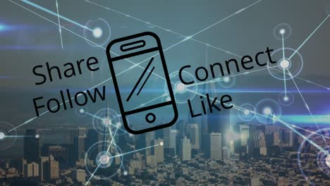 textos de concepto de redes sociales e íconos de teléfonos inteligentes contra la vista aérea del paisaje urbano