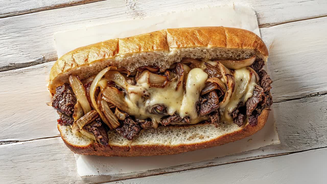 카라멜화 된 양파 와 함께 치즈 스테이크 샌드위치