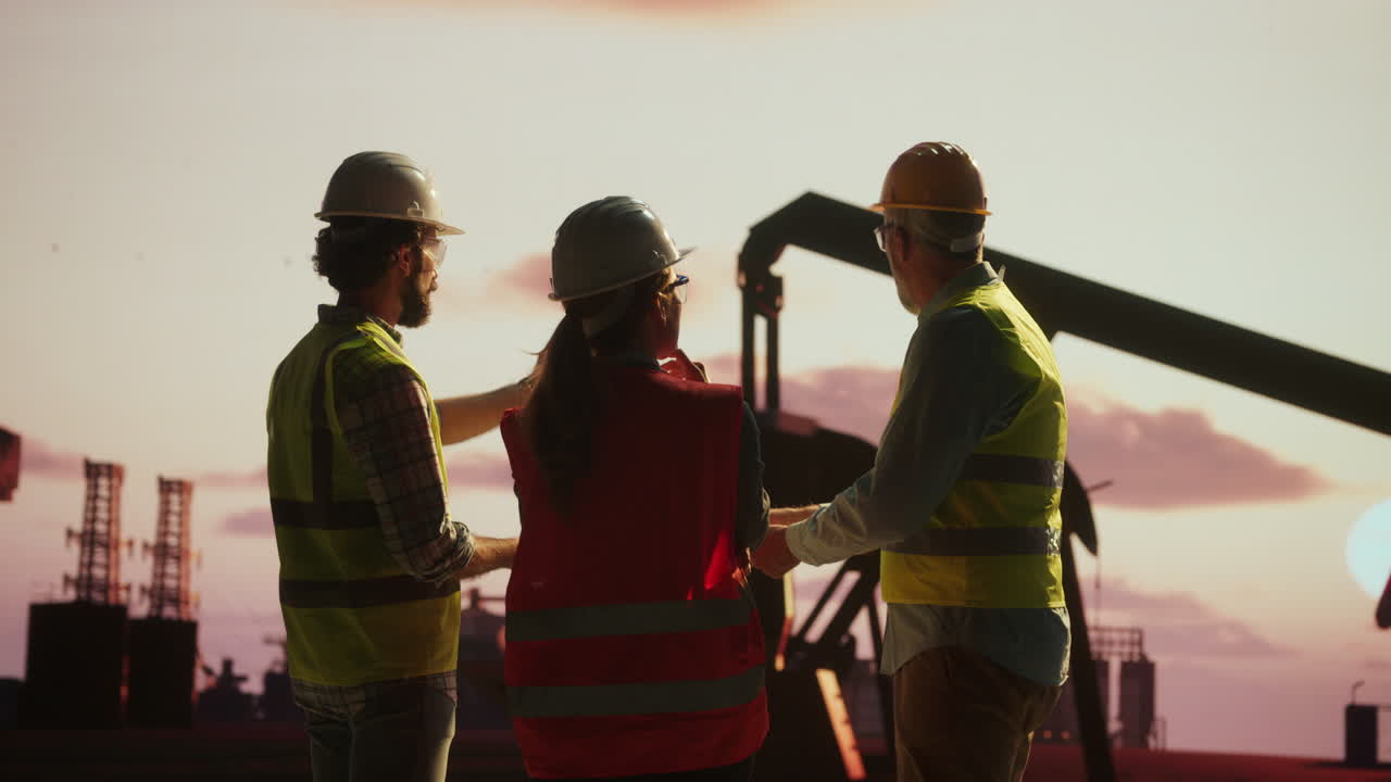 Engineers and Workers Collaborating at an Industrial Site at Sunset