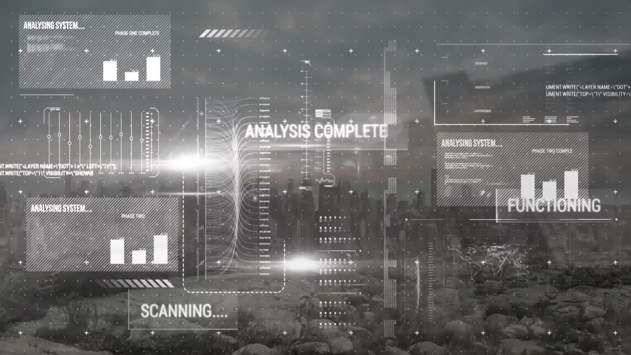 Animation of data processing over cityscape