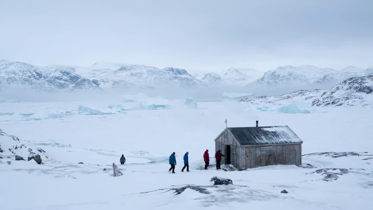 People Walking Towards a Remote Wooden Cabin in a Vast Arctic Landscape