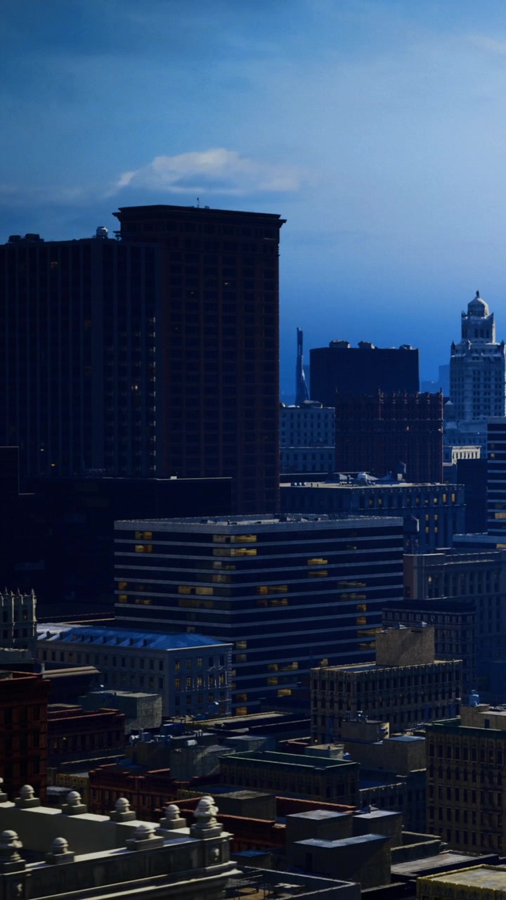 Horizonte urbano bajo un cielo vespertino tranquilo con toques de crepúsculo
