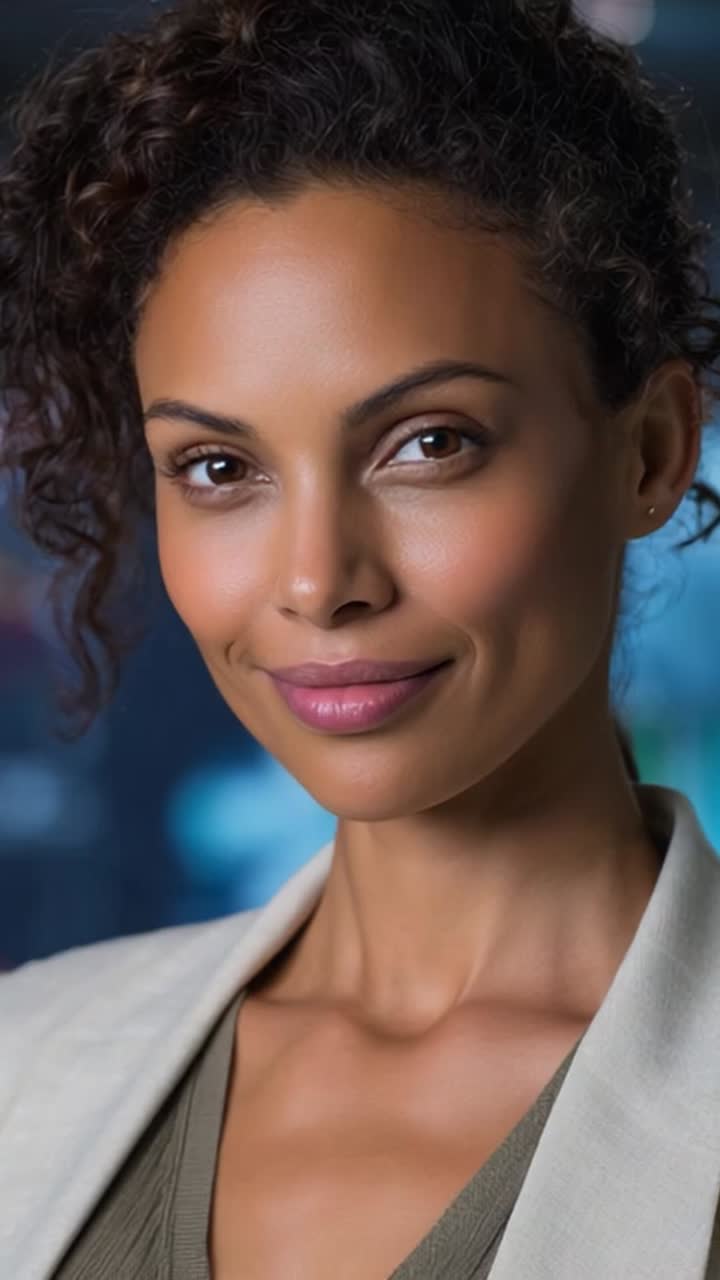 Captivating Close-Up Portrait of a Confident Woman with Curly Hair, Exuding Charisma and Grace Against a Softly Blurred Background in a Bright Setting