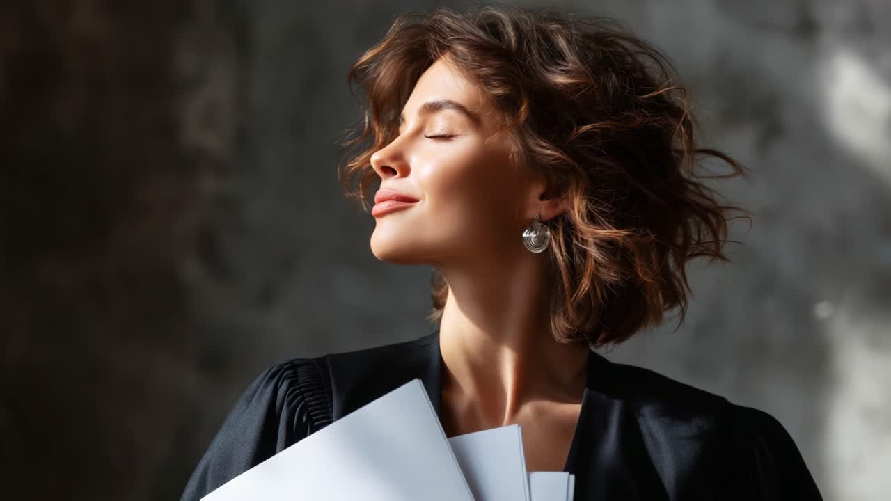 A confident young woman with curly hair smiles serenely while holding several pieces of paper, basking in the gentle light of a soft-focus background that enhances her radiant expression