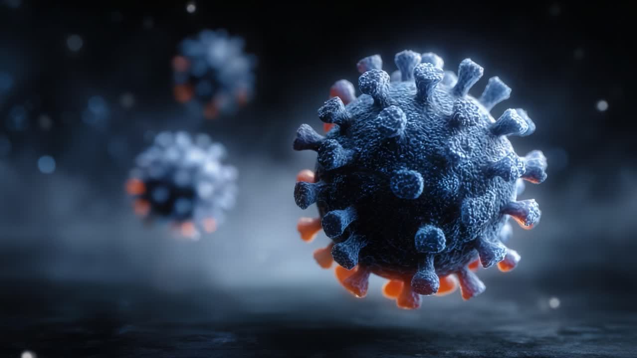 Intricate 3D Renderings of Virus Particles: A Visual Exploration of Microscopic Life and its Threats Within a Dark Atmosphere Under Dramatic Lighting Effects