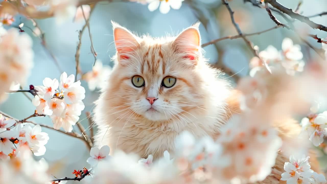 un gato sentado en un árbol con flores blancas