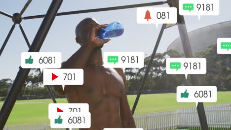 animation of notification bars over african american athlete drinking water after training outdoors