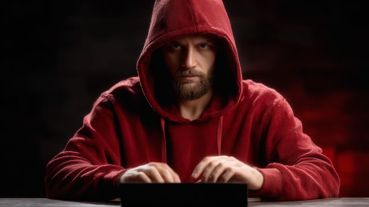 A Focused Individual in a Red Hoodie Concentrating on a Task, Embodying Intrigue and Mystery with Intense Lighting and a Captivating Atmosphere